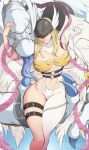  1girl absurdres angel angel_wings angewomon bare_shoulders blonde_hair bodysuit boobplate breasts cleavage clothing_cutout covered_eyes cowboy_shot digimoji digimon digimon_(creature) gargomon head_wings helmet helmet_over_eyes highres kristallion large_breasts long_hair multiple_wings navel paid_reward_available pink_ribbon ribbon single_leg_bodysuit stomach_cutout strapless_bodysuit tongue tongue_out twitter_username white_bodysuit white_wings wings 
