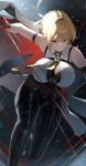  1girl absurdres arm_strap bare_shoulders black_choker black_gloves black_pants blonde_hair breasts chest_harness choker commentary_request elbow_gloves evelyn_chevalier gloves half_gloves hana_hebi harness high-waist_pants highres large_breasts looking_down mole mole_under_eye necktie pants purple_eyes shirt single_elbow_glove single_half_glove solo tight_clothes tight_pants white_shirt yellow_necktie zenless_zone_zero 