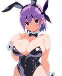  1girl animal_ear_hairband animal_ears ayane_(doa) black_bow black_bowtie black_leotard bow bowtie breasts cleavage commentary_request covered_navel cowboy_shot dead_or_alive detached_collar fake_animal_ears fishnet_pantyhose fishnets hairband highleg highleg_leotard highres leotard pantyhose playboy_bunny purple_hair rabbit_ears red_eyes short_hair simple_background solo strapless strapless_leotard user_apaz7453 white_background wrist_cuffs 