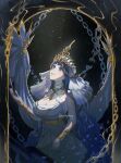  1girl :d ancient_greek_clothes blue_eyes blue_hair breasts chain chain_around_neck cleavage cleavage_cutout clothing_cutout commentary crissydissy crown dress english_commentary gold_bracer gold_chain gold_crown greco-roman_clothes grin highres hololive hololive_english large_breasts long_hair looking_up official_alternate_costume official_alternate_hairstyle ouro_kronii ouro_kronii_(goddess) sleeveless sleeveless_dress smile solo underbust veil very_long_hair virtual_youtuber white_dress white_veil wing_covers 