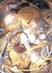 1girl absurdres black_hat blonde_hair brown_corset charlotte_(madoka_magica) closed_mouth commentary corset drill_hair fingerless_gloves geezhii gloves gun hat highres looking_at_viewer magical_musket_(madoka_magica) mahou_shoujo_madoka_magica neck_ribbon puffy_short_sleeves puffy_sleeves ribbon shirt short_sleeves skirt solo tomoe_mami tomoe_mami_(magical_girl) twin_drills weapon white_shirt yellow_eyes yellow_ribbon yellow_skirt 