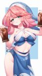 1girl absurdres alternate_breast_size_(smaller) alternate_costume animal_print apron blue_apron blue_background blue_sarong blue_tube_top blush border breasts cleavage criss-cross_straps fish_print green_eyes highres looking_at_viewer lykesya medium_breasts medium_hair midriff navel okunoda_miyoi okunoda_miyoi_(waitress_of_beach_house_kourindou) pink_hair sarong smile soda solo strapless touhou touhou_lostword tube_top whale_hat whale_print white_border 