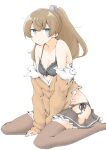  1girl akara_kai arms_between_legs bare_shoulders black_bra black_panties blue_eyes bra breasts brown_cardigan brown_hair brown_skirt brown_thighhighs cardigan cleavage collarbone commentary frilled_skirt frills from_side full_body highres jacket kantai_collection kumano_(kancolle) kumano_kai_ni_(kancolle) long_hair no_shoes panties pleated_skirt ponytail shirt simple_background sitting skirt small_breasts solo thighhighs torn_clothes torn_jacket torn_shirt torn_skirt underwear wariza white_background 