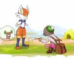 2019 5:4 ambiguous_gender backpack beret bottomwear brown_backpack brown_body brown_skin cinderace clothing crouching digital_media_(artwork) dot_eyes female footwear generation_5_pokemon generation_8_pokemon gloria_(pokemon) grass grey_clothing grey_jacket grey_topwear group hat headgear headwear human humor jacket lagomorph mammal motion_lines nintendo painted_background paripi_nasubi pink_bottomwear pink_clothing pink_shorts plant poke_toy_(item) pokemon pokemon_(species) river shoes shorts simple_eyes smile tent topwear trio whimsicott