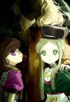  3girls absurdres apron black_hat blonde_hair brown_hair commentary_request constellation_print darkness dress green_dress green_eyes green_hair hand_on_another's_shoulder hat highres kaigen_1025 long_hair looking_at_viewer matara_okina multiple_girls nishida_satono orange_tabard pink_dress puffy_short_sleeves puffy_sleeves purple_eyes short_hair_with_long_locks short_sleeves sun_print tabard tate_eboshi teireida_mai touhou waist_apron 