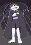  1boy black_cape black_hat black_jacket cape commentary_request face_filter fewer_digits fur_trim hat head_tail highres humanoid_robot jacket looking_at_viewer mechanical_arms mechanical_head mechanical_legs mikesi_quan murder_drones n_(murder_drones) robot rocket_boots screen short-sleeved_jacket short_hair short_sleeves tail two-tone_hat white_hair yellow_eyes 