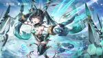  1girl absurdres asymmetrical_gloves bare_shoulders black_hair black_thighhighs chinese_commentary clothing_cutout commentary_request duet_night_abyss elbow_gloves gloves green_eyes highres long_hair mismatched_gloves multicolored_hair navel_cutout official_alternate_costume official_art open_mouth solo su_yi_(duet_night_abyss) thighhighs twintails 
