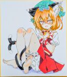  1girl animal_ear_piercing animal_ears barefoot bloomers blush bound bound_wrists bow bowtie brown_hair cat_ears cat_tail chen commentary_request crossed_ankles fang green_hat hair_between_eyes hat highres looking_at_viewer medium_hair mob_cap multiple_tails nekomata open_mouth puffy_short_sleeves puffy_sleeves red_skirt red_vest seika_okawari shikishi short_sleeves skin_fang skirt solo tail toes touhou traditional_media two_tails vest white_bloomers yellow_bow yellow_bowtie 