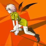  1girl artist_name black_boots black_wings blonde_hair blue_eyes boots breasts detached_wings full_body grey_thighhighs hellsing jacket kneeling large_breasts seras_victoria short_hair sideways_glance skirt smile solo thighhighs third-party_source toshimichi_yukari web_address wings yellow_jacket yellow_skirt zettai_ryouiki 