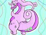 ambiguous_gender animate_inanimate anthro blush blush_lines digital_media_(artwork) generation_6_pokemon goodra grin implied_transformation inflatable inflatable_toy krita_(artwork) krita_(copyright) living_inflatable nintendo permanent_smile pokemon pokemon_(species) pool_toy purple_body shaded simple_background simple_shading slile smile solo tail the_1_and_k1nky warning_label