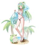  1girl :d absurdres aqua_jacket arm_up bag beach bikini breasts chico_(yuzuha_riko) commentary creature eyewear_on_head full_body gang_ryeol green_hair grin groin hair_ornament hand_up heart heart-shaped_eyewear highres holding holding_bag jacket large_breasts long_hair long_legs looking_at_viewer mismatched_bikini multi-strapped_bikini_bottom nail_polish navel ocean one_eye_closed one_side_up open_clothes open_jacket open_mouth palm_tree pink_nails platform_sandals pom_pom_(clothes) pom_pom_hair_ornament purple_eyes sand sandals simple_background single_off_shoulder smile standing stellive stomach swimsuit toenail_polish toenails tree untranslatable_commentary very_long_hair virtual_youtuber white_background wispy_bangs yuzuha_riko 