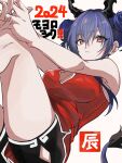  1girl 2024 arknights black_shorts breasts ch'en_(ageless_afterglow)_(arknights) ch'en_(arknights) chinese_zodiac cleavage cleavage_cutout clothing_cutout commentary_request double_bun dragon_horns hair_bun highres horns red_eyes red_shirt shirt shorts solo soramaru_310 year_of_the_dragon 