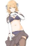 1girl akara_kai black_skirt black_thighhighs blue_bra blue_panties bow bow_panties bra breasts brown_eyes brown_hair clothes_lift clothes_pull commentary elbow_gloves flipped_hair gloves headgear highres kantai_collection looking_at_viewer medium_breasts navel panties richard_p._leary_(kancolle) shirt_lift short_hair simple_background skirt skirt_pull solo stomach thighhighs underwear undressing white_background white_gloves 