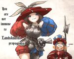  2girls annoyed armor blue_coif blue_eyes boobplate breastplate breasts brown_hair chaperon_hat codpiece coif cuisses english_text envy faulds grimace halberd hat hat_feather highres holding holding_polearm holding_weapon ironlily katzbalger landsknecht landsknecht_(ironlily) large_breasts long_sleeves long_sword looking_at_viewer medium_hair meme multiple_girls novelty_codpiece original polearm puff_and_slash_shorts puff_and_slash_sleeves puffy_long_sleeves puffy_sleeves reislaeufer_(ironlily) renaissance_clothes smile sword tassets weapon you_are_not_immune_to_propaganda_(meme) 