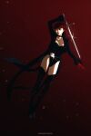  1girl artist_name black_background black_boots black_choker black_jacket black_leotard black_ribbon boots breasts choker closed_mouth coattails commentary english_commentary gloves gradient_background hair_ribbon highres holding holding_sword holding_weapon jacket large_breasts leotard long_hair long_sleeves persona persona_5 persona_5_the_royal ponytail punchingwater red_background red_eyes red_gloves red_hair ribbon solo sword tailcoat thigh_boots violet_(persona_5) weapon yoshizawa_kasumi 