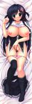  absurdres aoki_minami_(+box) black_hair black_legwear blue_eyes blush bra breasts character_request copyright_request dakimakura full-face_blush full_body highres huge_filesize large_breasts nipples no_shoes open_clothes open_shirt panties panty_pull pink_bra pink_panties shirt side-tie_panties skirt skirt_removed solo thighhighs two_side_up underwear 
