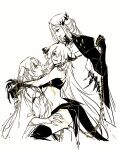  3girls chain chain_leash commentary cowboy_shot eirene_(path_to_nowhere) english_commentary greyscale highres holding holding_leash horns hypatia_(path_to_nowhere) leash lineart looking_up mitsukyou monochrome multiple_girls path_to_nowhere siblings sisters sitting sitting_on_lap sitting_on_person spot_color standing synex_(path_to_nowhere) tail white_background yuri 