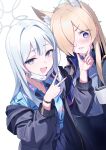  2girls absurdres animal_ears blonde_hair blue_archive blue_eyes blue_jacket blue_necktie blue_shirt blue_skirt blush coffee coffee_mug collared_shirt commentary_request cup dog_ears dog_girl embarrassed grey_eyes grey_hair hair_over_one_eye halo hand_on_another's_cheek hand_on_another's_face hawaiian_shirt highres inward_v jacket kanna_(blue_archive) konoka_(blue_archive) long_hair long_sleeves looking_at_viewer mask mask_pull mouth_mask mug multiple_girls necktie one_eye_covered open_clothes open_jacket open_mouth pencil_skirt pleated_skirt rubisco shirt sidelocks simple_background skirt smile twitching upper_body v v-shaped_eyebrows white_background white_mask 