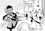  1girl :d asymmetrical_legwear bird_hat_ornament black_shoes braid braided_hair_rings capelet crossover deerstalker division_sign gokuchou hair_rings hat jojo_no_kimyou_na_bouken mahou_shoujo_no_majo_saiban matsubara_tsuyoshi monochrome open_mouth plaid_clothes plaid_skirt plus_sign shoes single_leg_pantyhose skirt smile spice_girl_(stand) stand_(jojo) stepping_on_non-human tachibana_sherry translation_request vento_aureo 