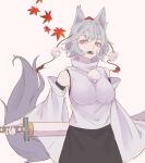  1girl animal_ears autumn_leaves black_skirt detached_sleeves hat highres holding holding_sword holding_weapon inubashiri_momiji kanaria_(bcomn) leaf looking_at_viewer open_mouth pom_pom_(clothes) red_eyes red_hat shirt short_hair simple_background skirt solo sword tail teeth tokin_hat touhou weapon white_background white_hair white_shirt wide_sleeves wolf_ears wolf_girl wolf_tail 