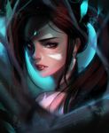  bare_shoulders brown_hair chromatic_aberration ear_piercing eyebrows eyelashes eyeshadow facial_mark fang_out from_behind green_eyes jewelry kyung_han_kim league_of_legends lips long_hair looking_at_viewer looking_back makeup nidalee nose piercing ponytail portrait ringed_eyes solo tribal 
