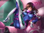  ;) animal_print arm_cannon arm_support armor ass bangs bodysuit boots breasts breasts_apart brown_eyes brown_hair bubble_blowing bunny bunny_print character_name chewing_gum copyright_name ctrlz77 d.va_(overwatch) facepaint facial_mark gatling_gun gloves gun hand_on_leg headphones high_collar high_heel_boots high_heels highres large_breasts leg_lift leg_up legs_up long_hair looking_at_viewer mecha meka_(overwatch) one_eye_closed overwatch pilot_suit shoulder_pads sitting skin_tight smile solo swept_bangs thigh_boots thighhighs turtleneck weapon whisker_markings white_footwear white_gloves white_legwear 