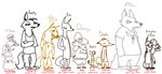  aardwolf anthro badger canine caprine chef_hat clothed clothing disney english_text ermine fan_character female fox frown group hat hyena lineup male mammal model_sheet mustelid remmy_cormo_(character) sheep smile text the_weaver wolf zootopia 