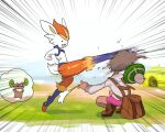 2019 ambiguous_gender backpack beret bottomwear brown_backpack brown_body brown_skin buckteeth cinderace clothing crouching digital_media_(artwork) female footwear generation_5_pokemon generation_8_pokemon gloria_(pokemon) grass grey_clothing grey_jacket grey_topwear group hat headgear headwear human humor impact_lines jacket kick lagomorph mammal motion_lines nintendo open_mouth painted_background paripi_nasubi pink_bottomwear pink_clothing pink_shorts plant poke_toy_(item) pokemon pokemon_(species) river shocked shoes shorts smile teeth tent topwear trio whimsicott wide_eyed