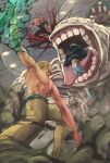  3boys armpits battle belt black_jacket blonde_hair canon_event commentary_request cursed_energy_(jujutsu_kaisen) cursed_spirit_(jujutsu_kaisen) fighting grey_hair highres hood hood_down itadori_yuji jacket jujutsu_kaisen long_hair mahito_(jujutsu_kaisen) midair monster multiple_boys nanami_kento pants pectorals pink_hair red_hood short_hair signature stitched_arm stitched_face stitches teeth tomorrow4431 tongue 