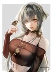  1girl bags_under_eyes bird bird_on_hand commentary eleven_(path_to_nowhere) english_commentary grey_background hair_over_one_eye headphones headphones_around_neck highres looking_at_viewer midriff mole mole_under_eye navel off_shoulder path_to_nowhere simple_background solo three-quarter_sleeves upper_body uwa_(uwawawawu) 