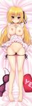  absurdres apron bed_sheet black_panties blonde_hair blush bra bra_removed breasts brown_eyes copyright_request dakimakura full_body groin hair_ornament hair_scrunchie heart heart_pillow highres huge_filesize karatabe large_breasts long_hair looking_at_viewer naked_apron nipples panties panty_pull pillow purple_bra purple_panties scrunchie side-tie_panties solo underwear yes yes-no_pillow 