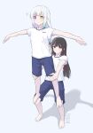  2girls alternate_costume artist_name barefoot black_hair blue_shorts commentary_request flat_chest gym_uniform heterochromia highres holding_another's_legs jogasaki_noah kotetsu_080 mahou_shoujo_no_majo_saiban multiple_girls nikaido_hiro outstretched_arms pink_eyes red_eyes saboten_pose shadow shirt shorts simple_background smile sparkle standing_on_person white_background white_hair white_shirt yellow_eyes 