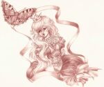  1girl bug butterfly closed_mouth commentary crown dress earrings english_commentary frilled_dress frilled_dress_collar frills jewelry lips long_hair mario_(series) monochrome princess_peach puffy_short_sleeves puffy_sleeves ribbon short_sleeves solo spelarminlind sphere_earrings wavy_hair 