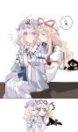  2girls blonde_hair blue_hat blue_kimono blue_ribbon blush bow closed_eyes closed_mouth commentary_request corrupted_twitter_file dango food frilled_kimono frills gap_(touhou) hair_bow hat hat_ribbon heart highres holding holding_skewer japanese_clothes kimono kiss kissing_cheek long_hair long_sleeves mob_cap multiple_girls neck_ribbon notice_lines onigiri_222x714 open_mouth pink_eyes pink_hair purple_tabard red_bow ribbon saigyouji_yuyuko sanshoku_dango sitting skewer sleeve_garter speech_bubble spoken_food tabard touhou triangular_headpiece wagashi wide_sleeves yakumo_yukari yuri 