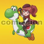  1girl :d anna_(fire_emblem) anna_(fire_emblem_warriors) arm_up beret boots cape commission crossover fingerless_gloves fire_emblem fire_emblem_warriors gloves green_yoshi hat highres horseback_riding mario_(series) marywutoons red_cape red_eyes red_hair riding smile super_mario_world yellow_background yoshi 
