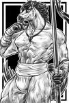  2020 5_fingers abs absurd_res anthro asian_clothing asian_mythology beads biped bulge chinese_mythology clothed clothed_anthro clothed_male clothing digital_media_(artwork) east_asian_clothing east_asian_mythology equid equine fingers fundoshi fundoshi_only geometric_background hand_wraps hi_res holding_object holding_staff horse horse-face humanoid_hands japanese_clothing jewelry looking_at_viewer magatama male male_anthro mammal mane monochrome muscular muscular_anthro muscular_male mythology navel necklace orcein11 pecs simple_background solo staff standing tail topless topless_anthro topless_male underwear underwear_only wraps 