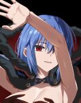  1girl arms_up blue_hair blush breasts ciel_(tsukihime) cloak commentary_request convenient_censoring fur-trimmed_cloak fur_trim glowing hand_shadow_covering_breasts_(meme) implied_nudity large_breasts looking_at_viewer meme michael_roa_valdamjong naked_cloak nose_blush outer_glow possessed red_eyes roa-ciel sidelocks smile solo topless_female tsukihime tsukihime_(remake) vampire weilaizuigao703 