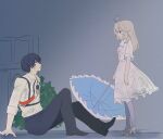  1boy 1girl antenna_hair ascot black_hair black_pants blonde_hair blue_umbrella chest_harness closed_mouth collared_shirt dirty dirty_clothes dress frilled_dress frills from_side harness high_heels highres holding holding_umbrella kamen_rider kamen_rider_zeztz_(series) knight_invoker long_hair looking_at_another meitantei_precure! moria_luluka nox_(kamen_rider_zeztz) pants pantyhose precure profile reiei_8 shirt shoes short_hair short_sleeves sitting standing umbrella white_ascot white_dress white_shirt 