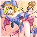  bare_shoulders blonde_hair blue_footwear blush blush_stickers boots breasts choker cleavage dark_magical_circle dark_magician_girl duel_monster green_eyes hat highres kurenaitaro large_breasts long_hair open_mouth pentacle smile solo staff wizard_hat yuu-gi-ou yuu-gi-ou_duel_monsters 