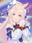  1girl animal_ears ascot bare_shoulders blonde_hair blue_eyes blush breasts bubble commentary_request detached_sleeves donald_1934 dress ear_covers gloves hair_between_eyes hat highres horse_ears horse_girl interlocked_fingers long_hair looking_at_viewer open_mouth own_hands_clasped own_hands_together red_ascot single_ear_cover smile solo teeth umamusume upper_teeth_only victoire_pisa_(lueur_angelique)_(umamusume) victoire_pisa_(umamusume) white_dress white_gloves 