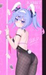  1girl absurdres ahoge animal_ears ass back black_leotard black_pantyhose black_ribbon blue_eyes blue_hair blush breasts card closed_mouth commentary cuffs dot_mouth dot_nose expressionless fake_animal_ears fake_tail fishnet_pantyhose fishnets from_behind hair_intakes hair_ornament hair_ribbon hairband handcuffs hatsune_miku highres leotard medium_breasts medium_hair multicolored_hair pantyhose pink_background pink_streaks playboy_bunny pole rabbit_ears rabbit_hole_(vocaloid) rabbit_tail ribbon sichuan_luo_li sideboob sidelocks signature solo streaked_hair stripper_pole tail twintails vocaloid white_hairband x_hair_ornament 