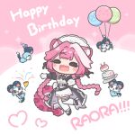  >_< 1girl :3 :d ^_^ absurdres animal_ears balloon birthday_cake blunt_bangs blush_stickers braid cake candle chattino_(raora_panthera) closed_eyes english_commentary english_text fangs food hair_intakes hair_ornament hairclip happy_birthday hat highres hololive hololive_english long_hair maid maid_headdress mpien multicolored_hair open_mouth panther_ears panther_girl panther_tail party_hat party_popper pink_hair raora_panthera smile solo streaked_hair tail thighhighs twin_braids virtual_youtuber white_hair xd 