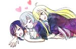  3girls black_hair blonde_hair blush cho_kaguya-hime! closed_eyes commentary galaxy grey_hair heart highres kaguya_(cho_kaguya-hime!) looking_at_another lying lying_on_person mole mole_under_eye multicolored_hair multiple_girls on_stomach open_mouth pink_hair prm_srmn red_eyes runami_yachiyo sakayori_iroha shirt short_sleeves simple_background space star_(sky) white_background white_shirt yuri 