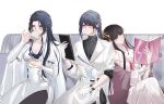  3girls black_hair blue_hair bookmark celine_(path_to_nowhere) chief_(path_to_nowhere) cup drinking female_chief_(path_to_nowhere) glasses gloves highres holding holding_cup holding_notebook isomer_(path_to_nowhere) multiple_girls notebook official_alternate_costume official_alternate_hairstyle path_to_nowhere reading simple_background sitting tatsuomiptn white_background white_gloves 