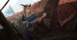  1010kman 1girl absurdres blonde_hair blue_eyes commentary dated_commentary day dragon fantasy highres horns long_hair navel original reins saddle snowing solo thighhighs 