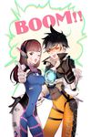  ;) armor bangs black_gloves bodysuit bomber_jacket boots breasts brown_eyes brown_hair brown_jacket character_name clothes_writing covered_navel cowboy_shot cross-laced_clothes cross-laced_legwear d.va_(overwatch) ear_piercing emblem eyebrows eyebrows_visible_through_hair facepaint facial_mark gloves goggles harness headphones high_collar jacket leather leather_jacket long_hair medium_breasts multiple_girls one_eye_closed open_mouth orange_bodysuit overwatch pants piercing pilot_suit shell_(shell518) short_hair smile spiked_hair swept_bangs thighs tight tight_pants tracer_(overwatch) turtleneck vambraces whisker_markings white_footwear white_gloves 