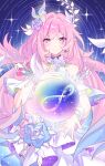  1girl absurdres amphoreus_(honkai:_star_rail) aqua_hair bare_shoulders commentary cyrene_(demiurge)_(honkai:_star_rail) cyrene_(honkai:_star_rail) daquanquan31967 diamond-shaped_pupils diamond_(shape) dress earrings flower hair_flower hair_ornament highres holding holding_orb honkai:_star_rail honkai_(series) jewelry long_hair mobius_strip multicolored_hair orb pink_hair pointy_ears purple_eyes sky smile solo star_(sky) starry_sky symbol-shaped_pupils very_long_hair white_dress white_hair 