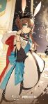  1girl absurdres ambience_synesthesia amiya_(ambience_synesthesia_2022)_(arknights) amiya_(arknights) animal_ears arknights blue_eyes blue_sash brown_hair copyright_logo crown dress feet_out_of_frame hair_between_eyes hand_up highres indoors logo long_hair looking_at_viewer off-shoulder_dress off_shoulder official_alternate_costume official_art official_wallpaper rabbit_ears rabbit_girl rella sash second-party_source short_sleeves shoulder_sash smile solo standing white_dress 