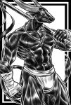  2020 2_horns 5_fingers abs absurd_res anthro asian_clothing asian_mythology beads biped bovid bovine bulge cattle chinese_mythology clothed clothed_anthro clothed_male clothing digital_media_(artwork) east_asian_clothing east_asian_mythology fingers fundoshi fundoshi_only geometric_background hand_wraps hi_res holding_object holding_staff horn humanoid_hands japanese_clothing jewelry looking_at_viewer magatama male male_anthro mammal monochrome muscular muscular_anthro muscular_male mythology navel necklace orcein11 ox-head pecs simple_background solo staff standing tail tail_tuft topless topless_anthro topless_male tuft underwear underwear_only wraps 