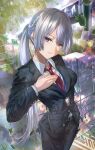  1girl absurdres ak-15_(girls'_frontline) belt black_jacket blue_eyes braid breasts brown_belt collared_shirt commentary_request crosswalk dress_shirt girls'_frontline girls'_frontline_2:_exilium grass grey_hair hand_on_own_chest head_tilt highres id_card jacket lanyard leaf long_hair looking_at_viewer medium_breasts mosta_(lo1777789) necktie pants plant ponytail potted_plant red_necktie red_pupils shirt solo suit swept_bangs tree very_long_hair voymastina_(girls'_frontline_2) white_shirt 